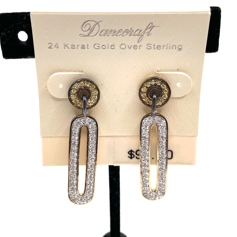 Danecraft 24K Gold Over Sterling Pave Rhinestone Drop Pierced Earrings - Picture 13 of 13